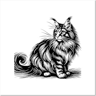 Stick figure of Maine Coon cat in black ink Posters and Art